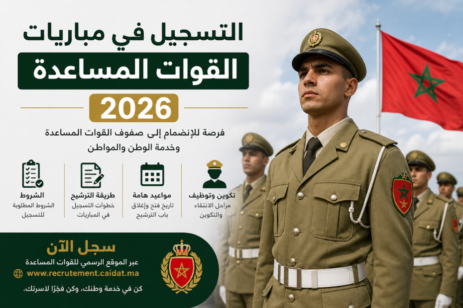 رابط وخطوات التسجيل في مباريات القوات المسلحة الملكية 2026 عبر recrutement.far.ma. تعرف على شروط ولوج سلك الضباط، ضباط الصف، والثانويات العسكرية وآخر أجل للترشيح. 2026
