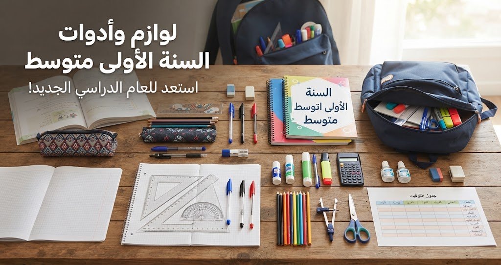 قائمة للوازم الأدوات المدرسية للسنة الأولى متوسط/إعدادي، مع نموذج مشتريات